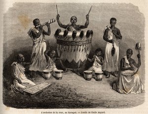 Hoforkestret, i Karague (vest for Victoria-søen, det nuværende Zimbabwe), tegning af Emile Bayard (1837-1891), der illustrerer kaptajn Spekes opdagelsesrejse i Afrika fra 1860 til 1863. Indgravering i "" Le tour du monde ””, redigeret af Edouard Char af Emile Antoine Bayard
