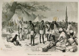 Ekspeditionens uforskammede bærere sat i kæden, tegnet af Emile Bayard, for at illustrere historien: På tværs af Afrika, fra Zanzibar (Tanzania) til Benguela (Angola), fra 1872 til 1876, af løjtnant V.H.Cameron. Indgravering i Le tour du monde af Emile Antoine Bayard