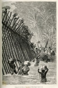 Passagen af floden Lovoi (eller djævelens flod) (Katanga-regionen, Congo) af ekspeditionen, tegning af Emile Bayard, for at illustrere rejsen gennem Afrika, fra Zanzibar (Tanzania) til Benguela (Angola), fra 1873 til 1876 , af den britiske kommandør V.L. af Emile Antoine Bayard