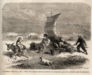 Sejltrillebøren, bevægelsessystem brugt i det nordlige Kina, tegning af E.Bayard, der illustrerer rejsen fra Shanghai til Moskva af Emile Antoine Bayard