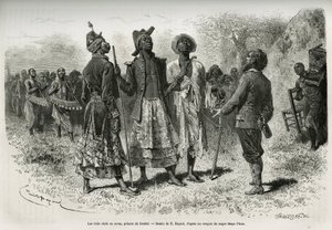 De tre dirigenter (eller sovaer), prinser af Dombe (Angola) og deres suite af musikere og hofmand, kommer for at møde opdagelsesrejsende S.Pinto. Gravering af Emile Bayard, for at illustrere historien om, hvordan jeg har krydset Afrika, fra Atlanterhavet t af Emile Antoine Bayard
