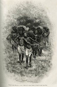 En flok unge piger, der bærer kurve fyldt med mad til forsyning af S.Pinto og hans mænd. Gravering af Emile Bayard, for at illustrere historien om, hvordan jeg har krydset Afrika, fra Atlanterhavet til Det Indiske Ocean, af major Serpa Pinto, i 1877-1878,  af Emile Antoine Bayard
