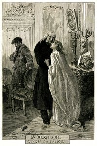 Victor Hugo "The Miserables", "The Last Gorgee of the Chalice". Illustration af Emile Bayard. Den tidligere forkat Jean Valjean blev gammel med Cosette og Marius. Indgravering af udgaven Ollendorff 1906. af Emile Antoine Bayard