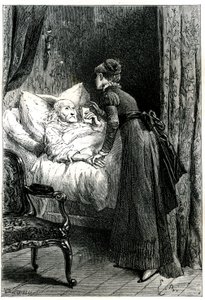 Ung kvinde tager sig af en gammel mand, der dør i sin seng under et krucifiks, der hænger fra væggen. Den døende mand holder sine sidste anbefalinger (vilje) i hånden. Gravering af Emile Bayard, der illustrerer Jules Sandeaus bog "Mademoiselle de la Seigli af Emile Antoine Bayard
