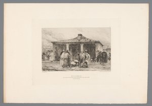 Gruppesoldat i en lejr Metz 8. oktober 1870/ Isolerede kavalerisoldater bivuak på Place Saint Simon i Fort Moselle (titel på objekt) Frankrig etsen uit 1875 (serietitel) Radering i 1875 (serietitel) af Emile Boilvin