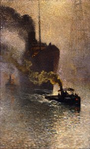 I Slæb på Themsen i Tågen; Escorte sur la Tamise dans le Brouillard - Taget in Tow on Themsen, 1918 af Emile Claus