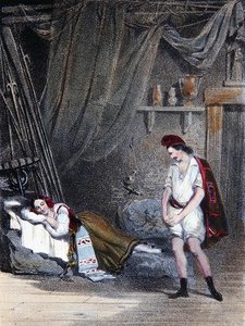 Scene, der forestiller den stumme pige Fenella sovende i en hytte med sin bror Masaniello: akt IV fra operaen 
