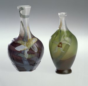 Intarsia på glas og graveret vase ca. 1900