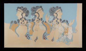 Maleri af de restaurerede damer i blå fresco fra Minos-paladset i Knossos (Evans Fresco-tegning O/7) af Emile Gilliéron