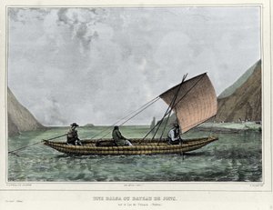 En Balsa eller en udslæt båd på Titicaca-søen (Bolivia). Litografi af Emile Lassalle (1813-1871) - i "" Voyage in South America"" af Alcide D