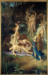 Orphees død. Bacchanterne (eller Menades) lettede mig. Orphee makulerede det i stykker. Maleri af Emile Levy (1826 - 1890)