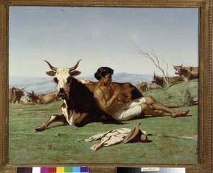 Ung patre spiller fløjte. Maleri af Emile Loubon (1809-1863). Obligatorisk omtale: Collection fondation regards de Provence, Marseille