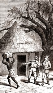 Opdagelsesrejsende og bærere foran en afrikansk hytte,1887 (radering) af Emile Mas