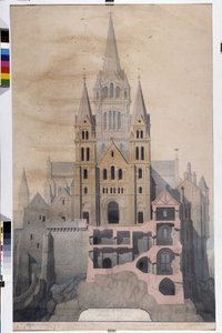 Gotisk arkitektur: facade af kirken og udskæring af klosterhuse. Tegning af det kommunale museum i Avranches (Manche)