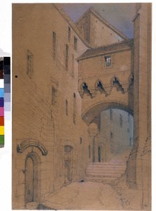 Begyndelsen af den store grad og broen befæster. Mont Saint Michel. Tegning af Emile Sagot. Avranches kommunale museum (Manche)
