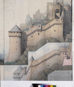 Udsigt over machicoulis mellem Nordtårnet og Claudine Tower of Mont Saint Michel. Tegning af Emile Sagot. Avranches kommunale museum (Manche)