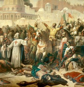 Detalje af: Første korstog: "" Erobringen af Jerusalem ved overgangene den 15/07/1099"" Godefroy de Bouillon, der gav Gud nåde i nærværelse af Peter Eremiten (eller Eremiten)