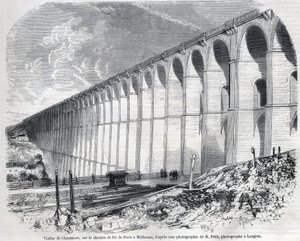 Chaumont Viaduct på jernbanen fra Paris til Mulhouse. Gravering efter skitse af Ralph i "" The Illustrous World "", 09/05/1857. Privat samling.