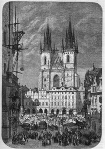 Gotisk arkitektur: udvendig udsigt over kirken Vor Frue af Tyn (Teynkirche) i Prag. Dens konstruktion varede fra halvdelen af det 14. århundrede til det 16. århundrede. Gravering af Therond i "" Le Magasin Picturesque""