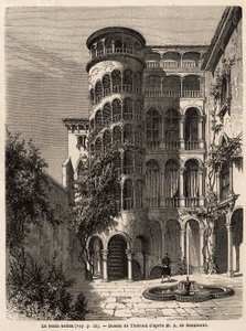 La Scala Antica, tegning af Therond, til illustration af Adalbert de Beaumonts rejse til Venedig, omkring 1850. Indgravering i “” Le tour du monde””, redigeret af Edouard Charton af Emile Theodore Therond