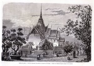 Slotshave. Pavillon, der indeholder asken fra den sidste konge af Siam. Tegning af Thérond fra M. Mouhots album. “Tour du monde” af Emile Theodore Therond