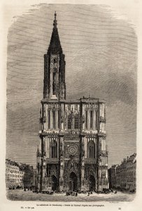 Facaden på katedralen i Strasbourg, tegning af Therond, til illustration af Victor Duruys rejse fra Paris til Bukarest i 1860. Indgravering i "" Le tour du monde"" 1861. Selvas samling.