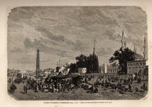 Pladsen i Ett Meydan, Konstantinopel (det nuværende Istamboul, Tyrkiet), tegning af Therond, for at illustrere undersøgelsen om tyrkiske kvinder, fra 1862, af F.Jerusalemy. Indgravering i "" Le tour du monde"", redigeret af Edouard Charton