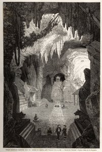 Underjordisk buddhistisk tempel i marmorklipper nær Tourane, tegning af Therond, for at illustrere noterne fra en unik korrespondance med Cochinchine. Indgravering i "" Le tour du monde, nouveau journal des voyages"" Paris