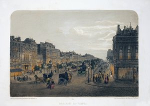 Boulevard du Temple, Paris. Litografi akvarel, illustration af E.de la Tramblaiz, i "Album, souvenirs de Paris", Daziaro-redaktør, Paris af Emile de la Tramblais