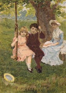 Dreng og pige sidder på en gynge (chromolitho)