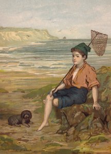 Dreng med fiskenet ved havet (chromolitho)