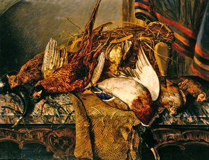 Stilleben med fasaner på et marmorbord, ca. 1850 (olie på lærred)