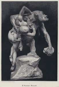 Gorilla bærer en kvinde bort (gravering) af Emmanuel (after) Fremiet