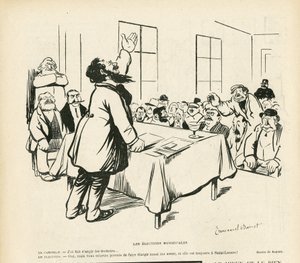 Illustration af Emmanuel Barcet (1870-1940) i Le Rire, 09/05/08 - Kommunalvalg - Valg, Politisk møde, møde, valgmøde, kommunalvalg