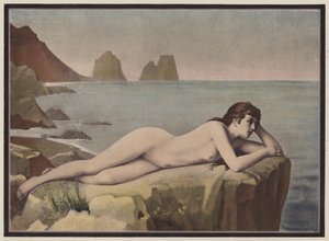 Delerium, kvinde liggende på en klippetop (farve litho) af Emmanuel Benner