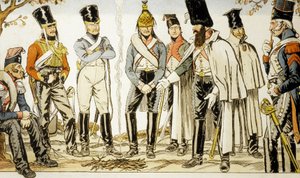 Armee Francaise 1810 fra venstre mod højre hest-leger lancier Houzard-rytter Dutrain Dragon