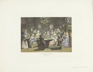 Gruppe ved bordet, der arbejder på palmeknuder Palmeknuder (titel på objekt)