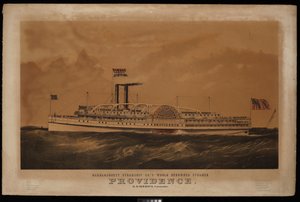 Narragansett Steamship Co.s verdensberømte dampskib Providence B M Simmons. Commander... (litografi, farvelagt) af Endicott Endicott
