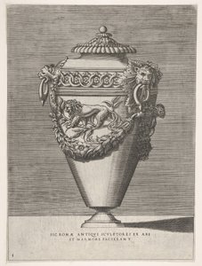 Antik urne med låg dekoreret med et motiv af diamantringe og løver, fra vaser ..., 1543 eller senere. af Enea Vico
