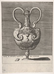 Antik lågvase med to håndtag, der dukker op fra Heads of Hybrid Female Sph..., 1543 eller senere. af Enea Vico