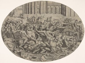 Kamp mellem amasoner og mænd foran arkitektoniske arkader, en oval komposition med..., 1543. af Enea Vico