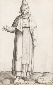 Kostumeplade: Hispana Rustica med etiket på sten, ca. 1557-58. af Enea Vico