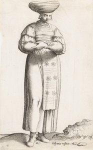 Kostume Platte: Hispania Rustica mul. med etiket på jorden, ca. 1557-58. af Enea Vico