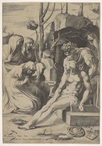Kristi gravlæggelse, hvis bryst grebes af Josef af Arimathea, med to knælende og..., 1543. af Enea Vico