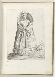 Flandern (titel på objekt) En kvinde fra Vlaanderen, klædt på i henhold til mode fra ca. 1550 The Attitudes of different Nations of Our Age (serietitel) af Enea Vico