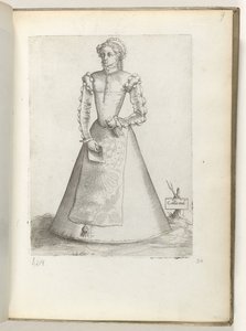 Galla mul(ier) (titel på objekt) En gift kvinde fra Frankrig, klædt i mode fra ca. 1550 Diversarum gentium nostrae aetatis habitus (serietitel) af Enea Vico