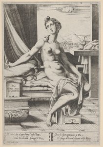 Lucretia nøgen og siddende foran et vindue, en dolk i højre hånd og holder d..., ca. 1535-67.