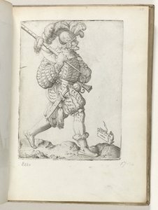 Tysk soldat (titel på objekt) tysk soldaat, klædt i henhold til mode fra ca. 1550 The Attitudes of different Nations of Our Age (serietitel) af Enea Vico