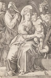 Den hellige familie med St. Anne og St. Catherine, 1542, udgivet 1627-50. af Enea Vico