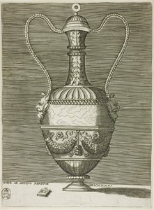 Vase med to groteske masker, tallerken seks fra A Series of Vases Drawn After the Antique af Enea Vico